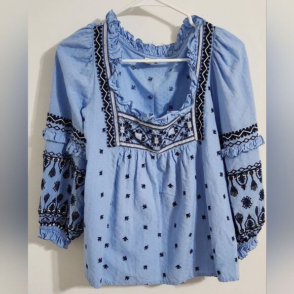 Anthropologie seen worn kept Mary Blouse Womens Floral Blue Embroidered Boho 4 - Picture 9 of 12